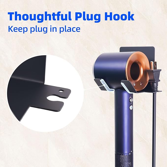 Hair Dryer Holder, Blow Dryer Holder Wall Mounted Hair Tool Organizer Self Adhesive Hair Dryer Holder Wall Mount, Compatible for Dyson Hair Dryer Holder for Bathroom Black PTALSEAW