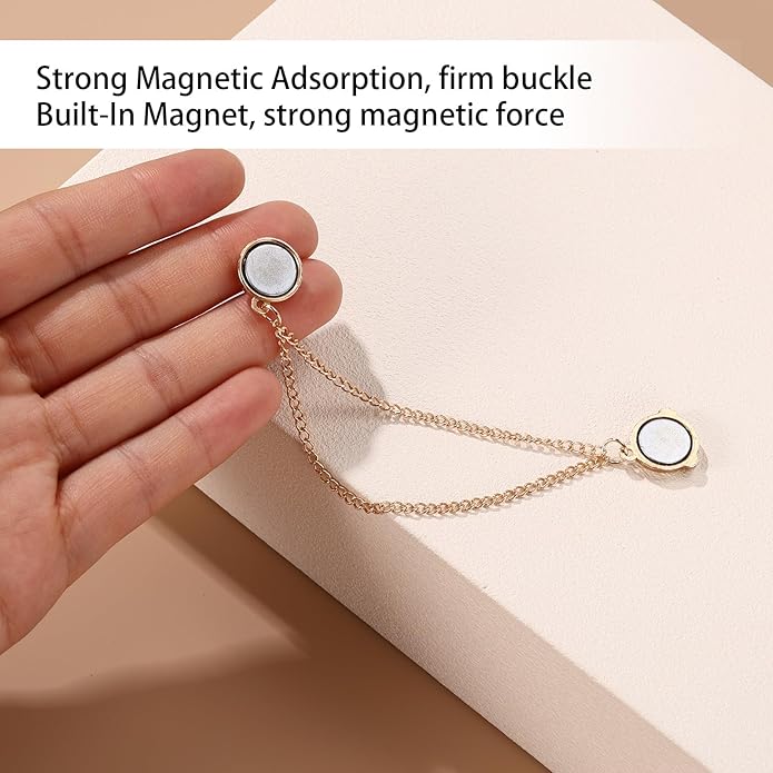 6pcs Magnetic Clothing Clips with Chain, Multi-Function Magnet Button Pins Hijab Cuff Clips for Fixing Hem of Clothes Long Pants Legs Sleeves of Shirts