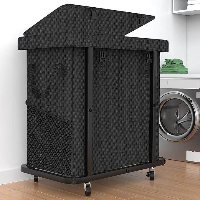 50 Gal(190L) High Grade Large Laundry Basket with Wheels, Rolling Laundry Hamper, Laundry Cart with Metal Frame and Removable Bag Design, Suitable for Laundry Room, Bedroom (Black, 2 Section 190L)