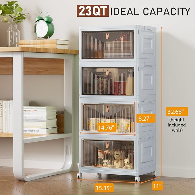 4 Tier Stackable Plastic Storage Bins with Lid and Wheels - 23 QT Closet Organizers and Storage, Foldable Storage Containers, Organization and Storage Boxes for Craft, Home, Pantry, Dorm, Grey