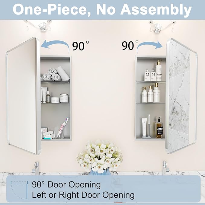 28x20 Inch Matte Silver Medicine Cabinet with Mirror for Bathroom, Aluminum Medicine Cabinet with Frosted Finish, Recessed or Wall Mount Medicine Chest, Modern Sleek Design, Fully Assembled