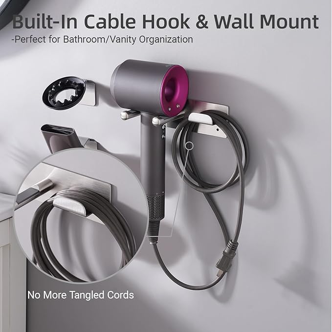 Hair Dryer Holder, Hair Dryer Holder Wall Mount for Supersonic/Nural & Attachments. Stainless Steel Hair Dryer Stand with Magnetic Rings. Hair Tool Organizer for Bathrooms Silver BANJEKT