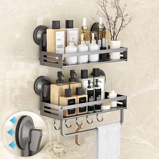Onemake Shower Caddy Suction Cup, 2 Pack 11.8 inch Aluminum Suction Showers Organizer with Towel Bar & Hooks, Rustproof Shower Shelves, NO-Drilling Bathroom Shelf Storage Rack, Gray