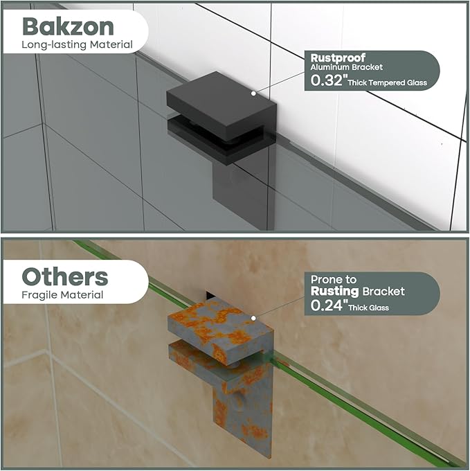 2-Pack Glass Shelf Shower Caddie, Shower Shelves for Inside Shower, Drilling Free Adhesive Wall Mounted Bathroom Organizer Shelves with Aluminium Brackets, Black