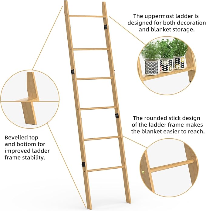 BAMBANG 6-Tier Blanket Ladder for Living Room, Blanket Quilt Ladder Rack Rustic Decorative Towel Holder, Wall Leaning Blanket Ladder Shelf Storage Farmhouse Decor for Bedroom Bathroom, Natural