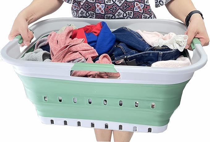SAMMART 42L (11 gallon) Collapsible Plastic Laundry Basket - Foldable Pop Up Storage Container/Organizer - Portable Washing Tub - Space Saving Hamper/Basket (Grey/Dark Sea Green)