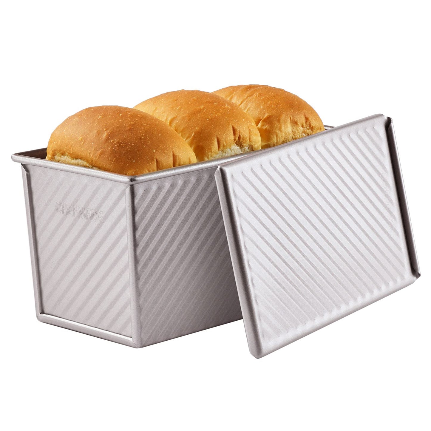 CHEFMADE Pullman Loaf Pan with Lid, 1Lb Dough Capacity Non-Stick Rectangle Corrugated Toast Box for Oven Baking 4" x 7.7"x 4.3"(Champagne Gold)