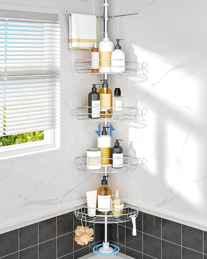 ALLZONE Corner Shower Caddy Tension Pole, 4-Tier Adjustable Shelves, Rustproof Bathroom Shower Organizer Corner for Inside Shower Storage, Tension Mounted, 56 to 113 Inch Height, Sliver