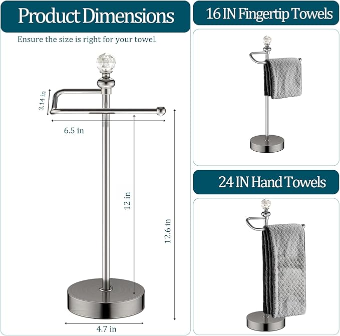 Hand Towel Holder for Bathroom, Hand Towel Rack Stand with Heavy Weighted Base, Crystal Ball Countertop Towel Rack Stand for Bathroom Kitchen (Brushed Nickel, 2 Pack)