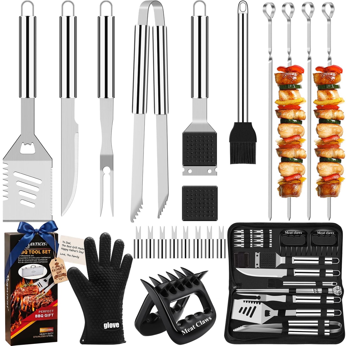 ROMANTICIST 23pcs Heavy Duty Grilling Gifts for Men Dad Fathers Day, Extra Thick BBQ Accessories Tools Set, Stainless Steel Grill Utensils Kit with Meat Claws,Canvas Bag for Outdoor Camping Silver