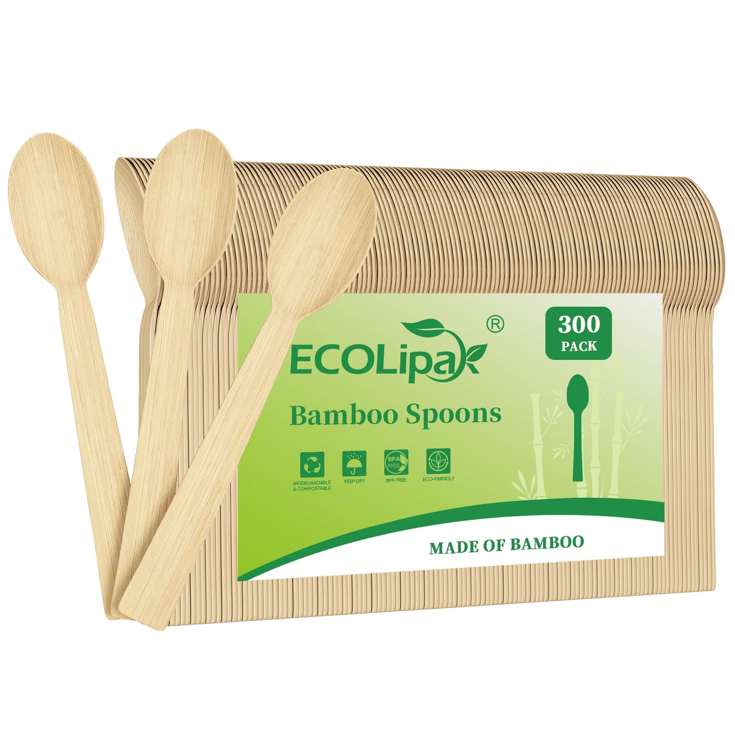 ECOLipak 300 Count Bamboo Cutlery Set, 100 Knives, Forks and Spoons each