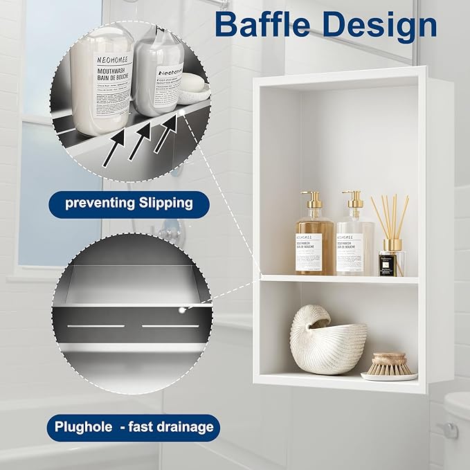 Neodrain 12X18 Inch White Double Shelf Stainless Steel Shower Niche, No Tile Needed Bathroom Shelf, Two Layer Recessed Built-in Wall Niche