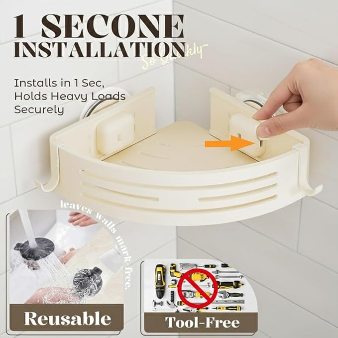 ONXE Corner Shower Caddy Suction Cup,Shower Shelves with Hooks,No Drilling Powerful Suction Bathroom Organizers and Storage,Removable Waterproof Rustproof Metal Shower Bathroom Decor (2 Pack-White)