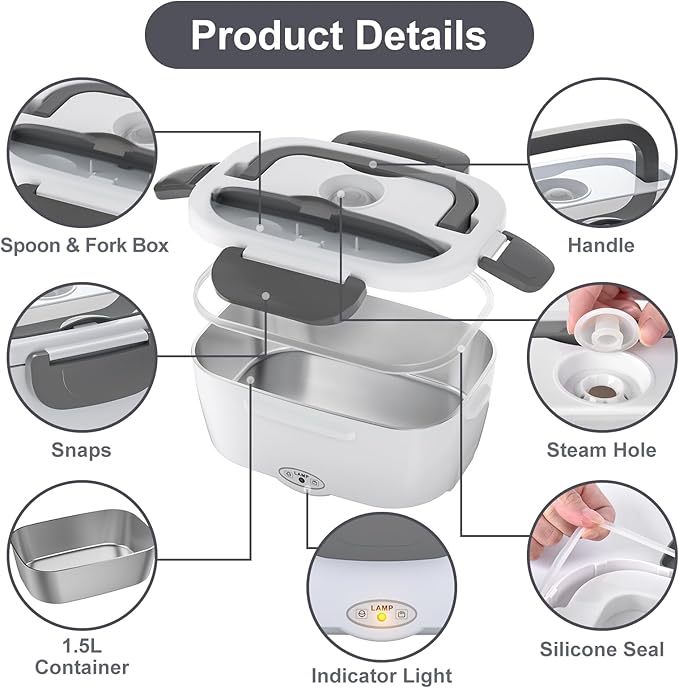 Vabaso Electric Lunch Box Food Heater, 80W Electric Heating Lunch Boxes Lunch for Car/Men/Adults/Home/Work, 1.5L Removable 304 Stainless Steel Container, 110V/12V/24V, with Fork & Spoon