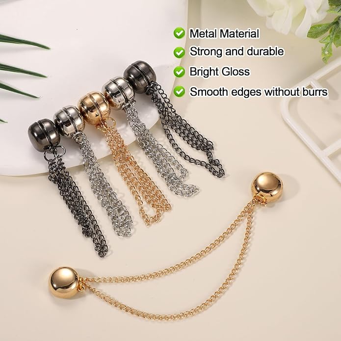 6pcs Magnetic Clothing Clips with Chain, Multi-Function Magnet Button Pins Hijab Cuff Clips for Fixing Hem of Clothes Long Pants Legs Sleeves of Shirts