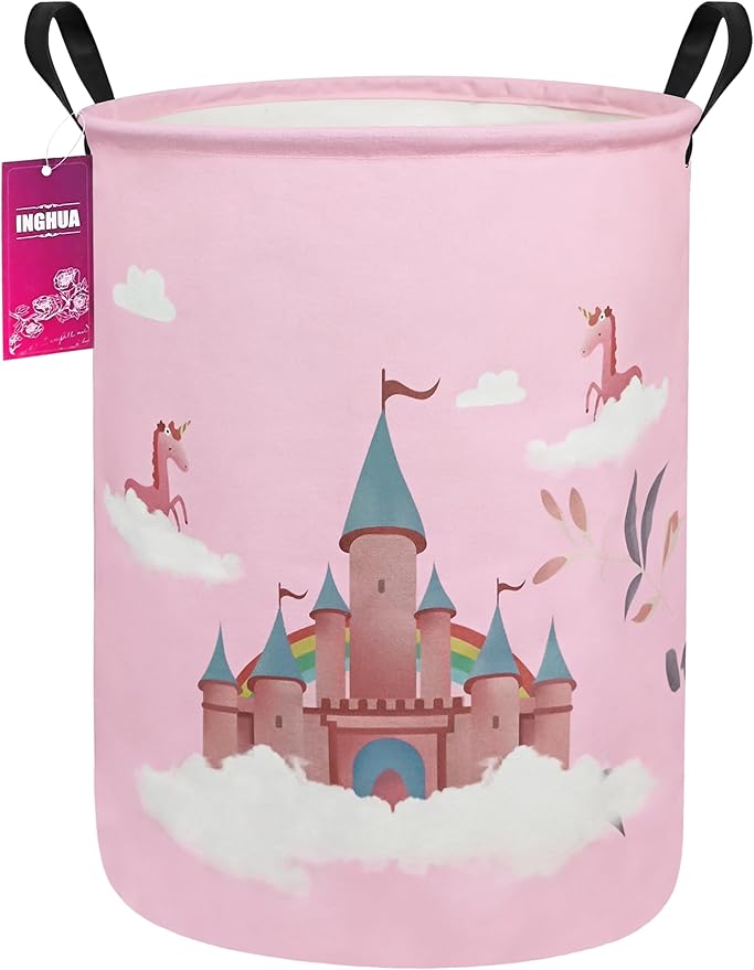 Laundry Hamper Large Canvas Fabric Lightweight Storage Basket/Toy Organizer/Dirty Clothes Collapsible Waterproof for College Dorms, Boys and Girls Bedroom,Bathroom(Unicorn Castle)