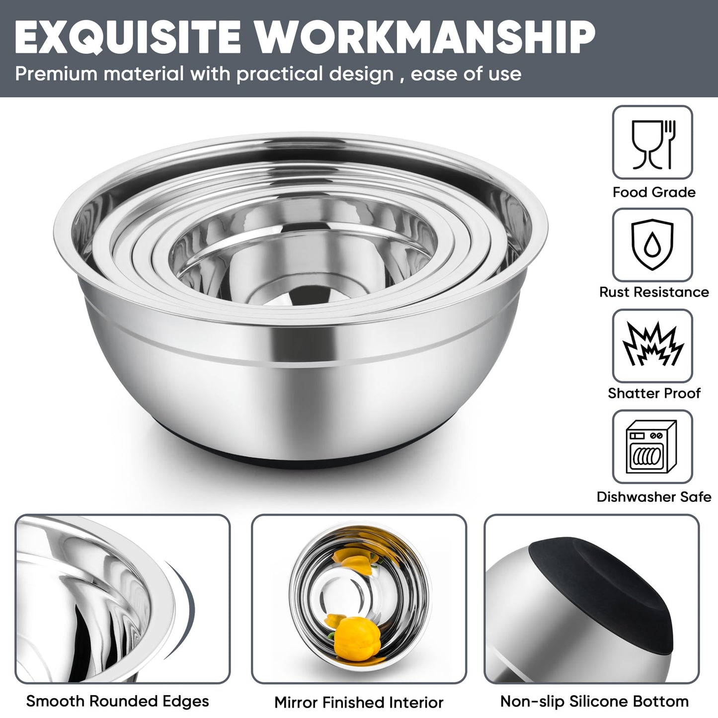 TeamFar Mixing Bowls, Salad Bowls with Airtight Lids, Black