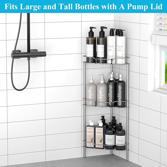 3 Tier Floor Standing Corner Shower Caddy Organizer Shelf with Hooks, Bathroom Shelves Stand Rack, Gray