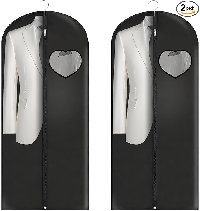 Dress Bags for Gowns Long, 60'' Garment Bags for Hanging Clothes, Suit Bag Cover for Storage and Travel, with Clear Heart Window, 2 Pack (Black)