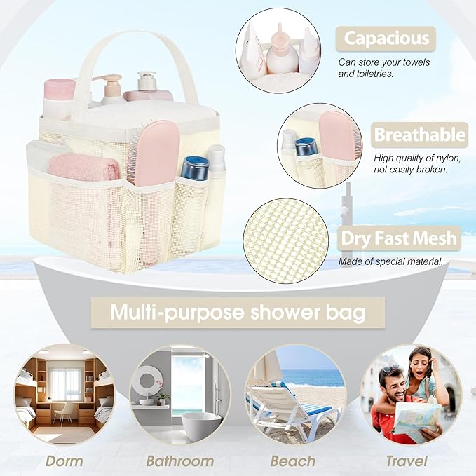 Attmu Mesh Shower Caddy Portable for College Dorm Room Essentials with 8 Pockets, Hanging Shower Caddy Dorm Basket, Quick Dry Shower Bag for Bathroom
