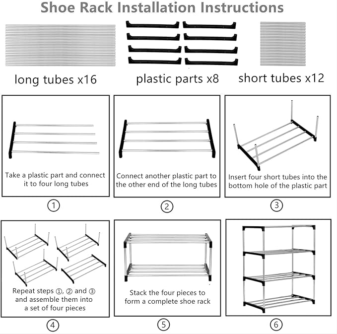 Stackable Small Shoe Rack, Entryway, Hallway and Closet Space Saving Storage and Organization (4-Tier, Black)