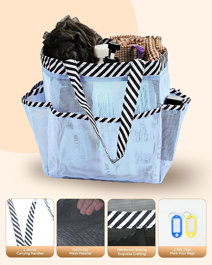 Temede Mesh Shower Caddy Tote, Large Shower Caddy Basket Portable, Quick Dry Hanging Toiletry Bag, 8 Storage Pocket Bath Organizer for College Dorm Room, Gym, Bathroom, Camp, Travel (Blue)