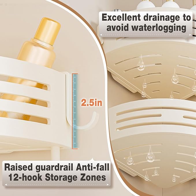 Conworld Corner Shower Caddy Suction Cups, Corner Shower Shelf With a Towel Bar, Shower Organizer Suction for Bathrooms Storage with Hooks, No-Drilling Removable (Aluminum, 2-Pack, Cream)