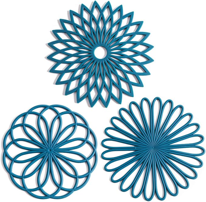 Set of 3 Silicone Trivet Mat - Hot Pot Holder Hot Pads for Table & Countertop - Trivet for Hot Dishes - Non-Slip & Heat Resistant Modern Kitchen Hot Pads for Pots & Pans, Dark Green