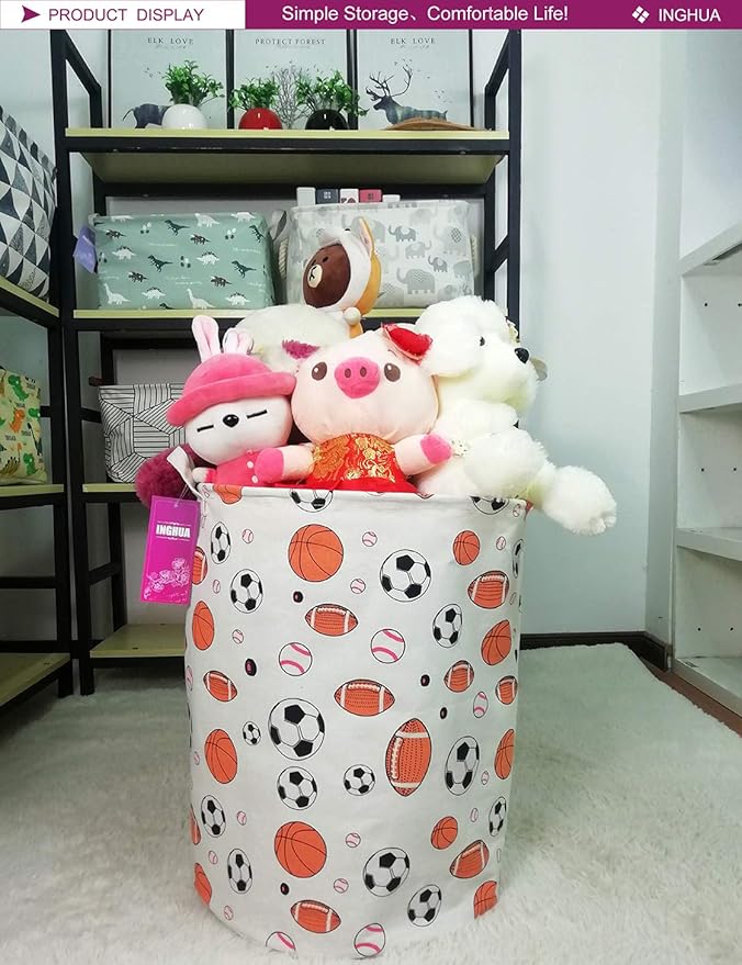 Laundry Hamper Large Canvas Fabric Lightweight Storage Basket/Toy Organizer/Dirty Clothes Collapsible Waterproof for College Dorms, Boys and Girls Bedroom,Bathroom(Ball game)