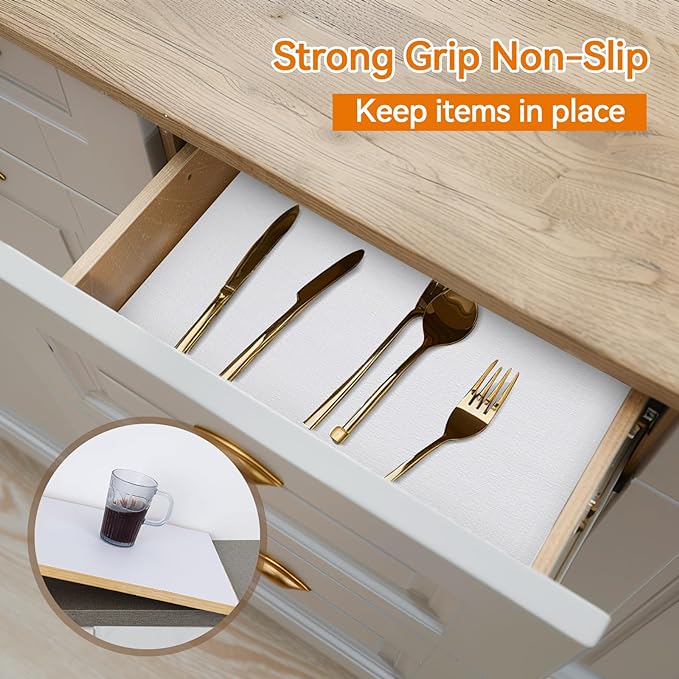 Shelf and Drawer Liner for Kitchen Cabinets Non-Adhesive, Strong Grip Non-Slip Thickened Cabinet Liners for Shelves, Waterproof Mats for Dresser Cupboard, White, 24 in x 20 Feet