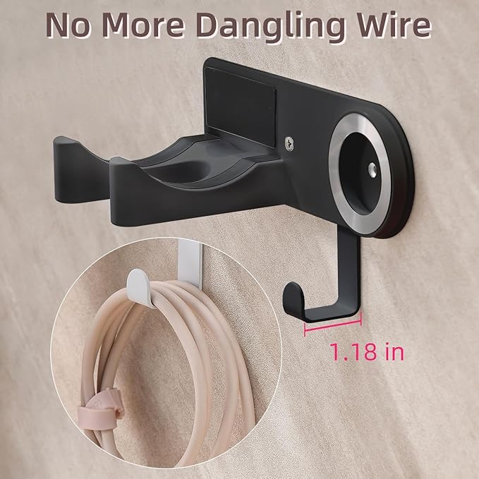 Hair Dryer Holder Wall Mounted, Hair Dryer Organizer Self Adhesive Compatible with Dyson Blow Dryer Holder Aluminum BlowDryer Holder Wall Mounted for Bathroom Black