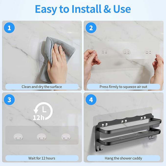 Elegant Shower Caddy Adhesive Replacement, 6 PCS Strong Waterproof Adhesive Hooks and Strips for Shower Shelf and Bathroom Storage Shelf, No Drilling Also Fit Kitchen Rack