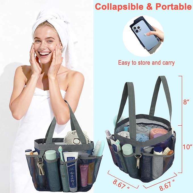 Mesh Shower Caddy Portable for College Dorm Room Essentials, 8-Pocket Large Shower Basket Tote Bag with 2 Handles for Toiletry, Bathroom, Beach, Camp, Gym