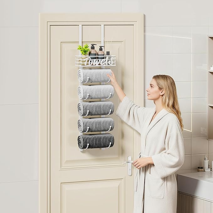 SWTYMIKI Hanging Towel Racks for Bathroom - 6 Tier Over The Door & Wall Mounted Bath Rolled Towel Storage Organizer Holder for Small Bathroom, RV, Camper, White (Patented)