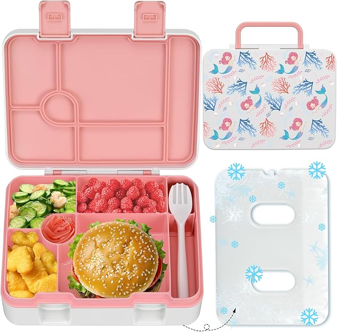 Kids Bento Lunch Box with Ice Pack, 5 Compartments Leak-Proof Bento Box with Utensils, 5.5-Cup Capacity for Adults & Ages 8+, BPA Free, Microwave & Dishwasher Safe, Pink