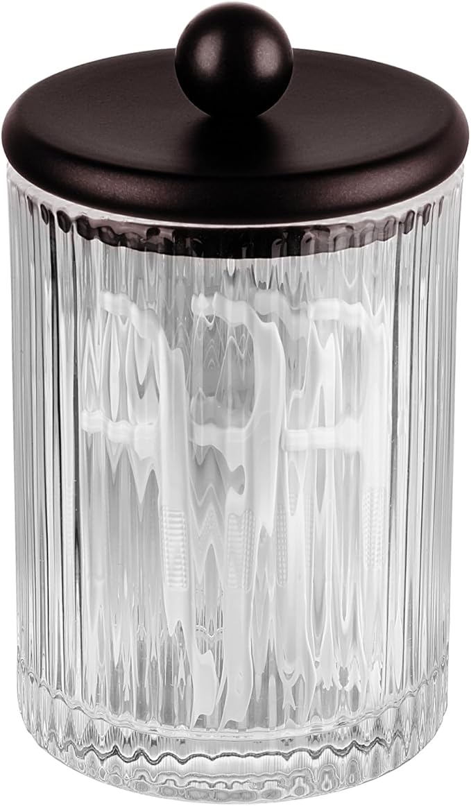SheeChung 1-Pack Bronze Ribbed Glass Qtip Holder - Apothecary Jar Bathroom Organizer with Metal Lid - Small Vanity Canister for Cotton Swabs, Rounds, Floss Picks - Modern Luxury Decor
