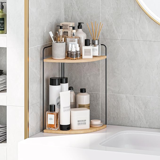 Bathroom Counter Organizer,Countertop Organizer,Vanity Organizers,Bathroom Storage,Bathroom Sink Caddy,Counter Shelf,Corner Counter,Corner Shelves(Black-Burlywood)