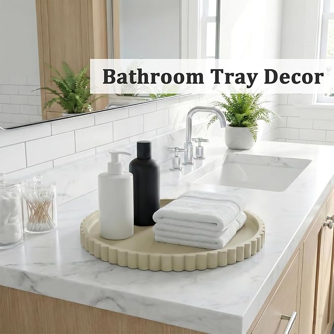 Silicone Bathroom Countertop and Vanity Tray-10 Inch Round Silicone Bathroom Tray, Modern Bathroom Decor, Coffee Table Decor, Decorative Tray for Candle, Perfume, Plants (Khaki)