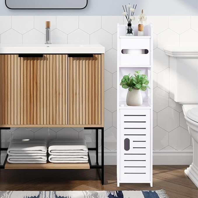 ShellKingdom Toilet Paper Holder Stand, Bathroom Storage Cabinet with Doors and Shelves, Slim Storage Cabinet for Bathroom Small Spaces Corner Floor Organizer - (White)