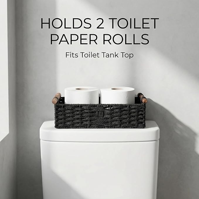 Back of Toilet Basket, Black Toilet Tank Basket for Toilet Paper Storage (Holds 2 Rolls), Paper Rope Wicker Storage Bin with Wooden Handles for Toilet Top, Over Toilet Shelf, Bathroom Counter