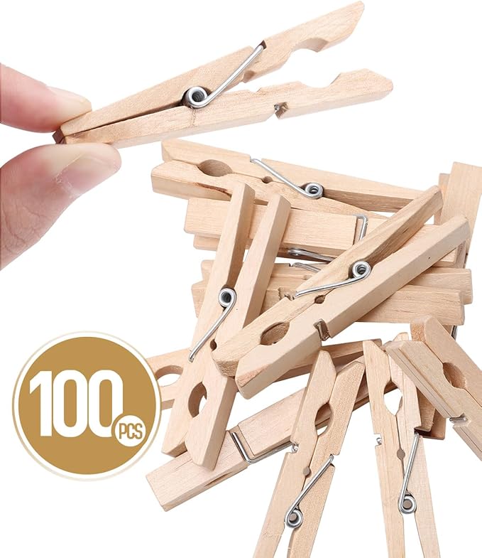 100 Pack Wooden Clothespins 2.9 Inch, Heavy-Duty Wood Rust-Resistant Clothes Pins, Solid Birch Clips for Laundry, Photo Wall Displays, Craft Projects & Classroom Decoration