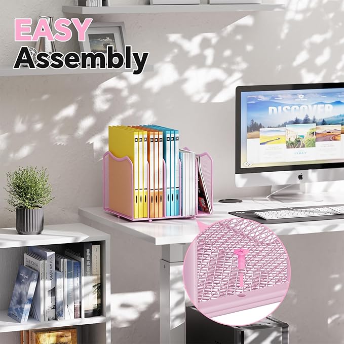 Simple Trending Mesh Desktop File Sorter Organizer, 5-Section Bookshelf for Desk Home Office, Pink
