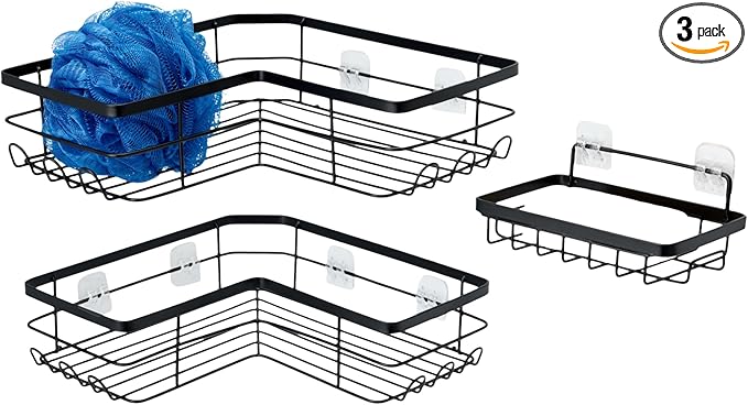 Amazon Basics Corner Shower Caddy Organizer, Stainless Steel, Black, Set of 3