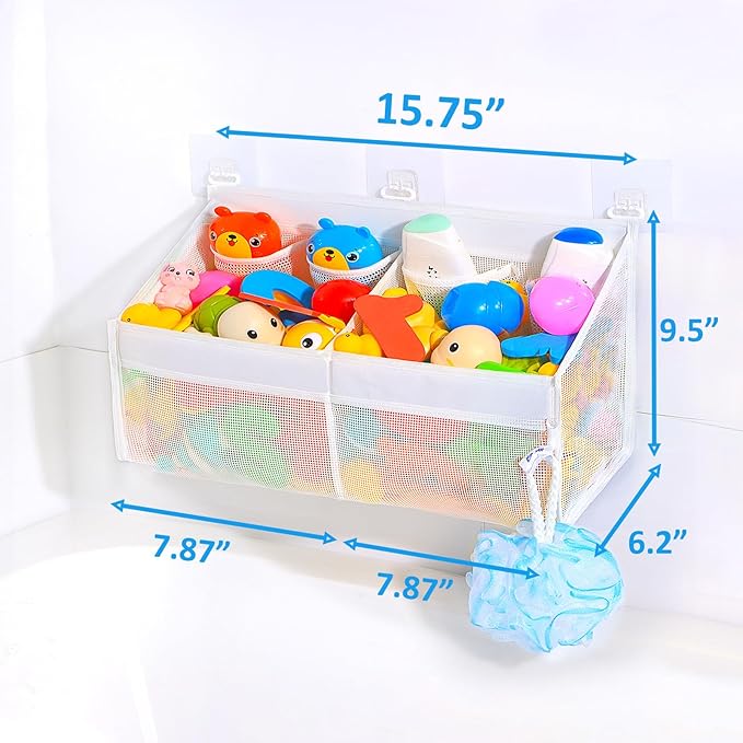 KPH Corner Bath Toy Organizer - Space-Saving 2-Compartment Bath Toy Storage, Mesh Bathroom Toy Holder for Kids, Durable Bathtub Organizer with Drain Holes