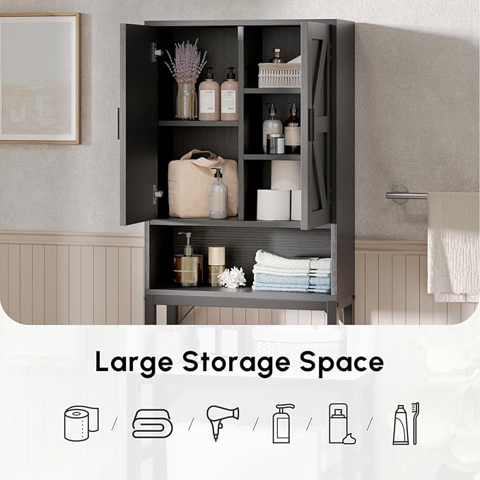 USHOWER Over The Toilet Storage Cabinet, Bathroom Organizers and Storage with Barn Doors, Thicken Metal Stand & MDF Wood Above Toilet Storage Cabinet, Freestanding Space Saver, Black