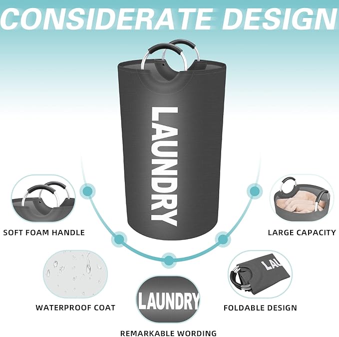StorageRight 75L Large Laundry Basket, Laundry Hamper, Dirty Clothes Hamper for Laundry, Collapsible, Waterproof Laundry Baskets with Foam Protected Aluminum Handles for Laundry, Dorm, Family (Grey)