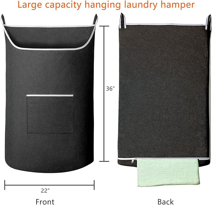 Black Hanging Laundry Hamper Bag, XL Door Hanging Hamper with Large Openging Laundry Hamper Storage Bag Large Size 36X22 Inch (Black)