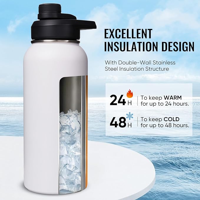 32 oz Insulated Water Bottle with Handle, 304 Stainless Steel Water Bottles with Wide Mouth, Double Wall Vacuum Sports Water Bottle, BPA Free, Keep Cold and Hot, White