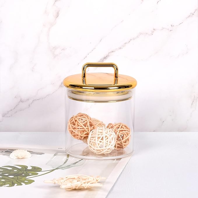 2 Pack 16 oz Small Acrylic Storage Apothecary Jar with Gold Airtight Lid | Bathroom Vanity Organizer Containers | Ideal Decorative Canisters for Shells, Bath Salt, Cotton Swabs, Cotton Ball