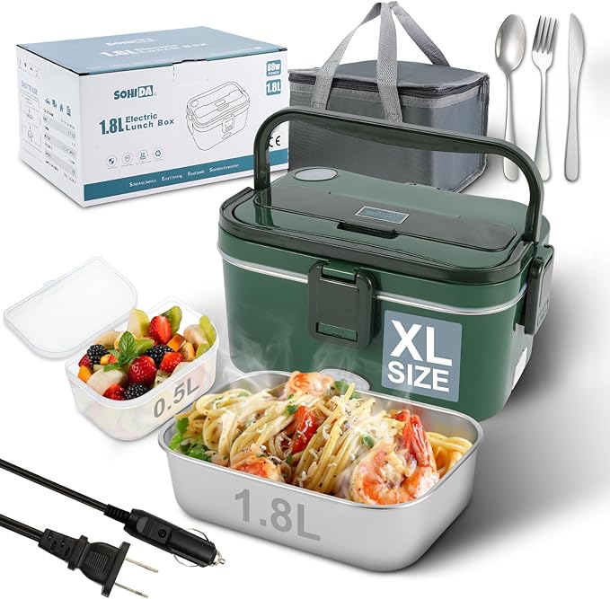 1.8L Heated Lunch Box, 80W Electric Lunch Box with Long-handled Utensils for Adults, 12V/24V/110V Lonchera Eléctrica Portátil, Portable Food Warmer for Car/Truck/Office (Green)